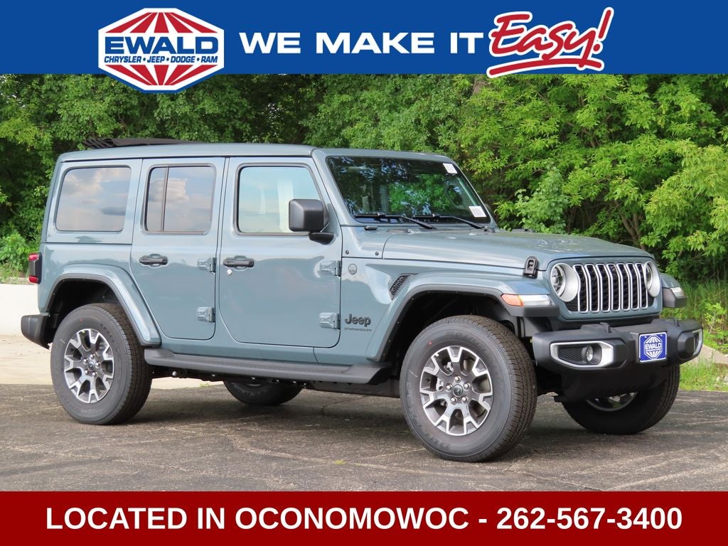 2026 Jeep Wrangler WRANGLER 4-DOOR SAHARA in Anvil Clear-Coat Exterior Paint — front three-quarter view