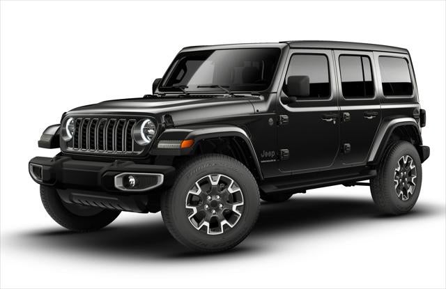 2026 Jeep Wrangler WRANGLER 4-DOOR SAHARA in Black Clear-Coat Exterior Paint — front three-quarter view