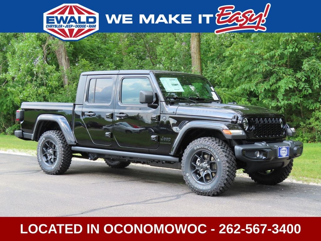 2026 Jeep Gladiator GLADIATOR WILLYS 4X4 in Black Clear-Coat Exterior Paint — front three-quarter view