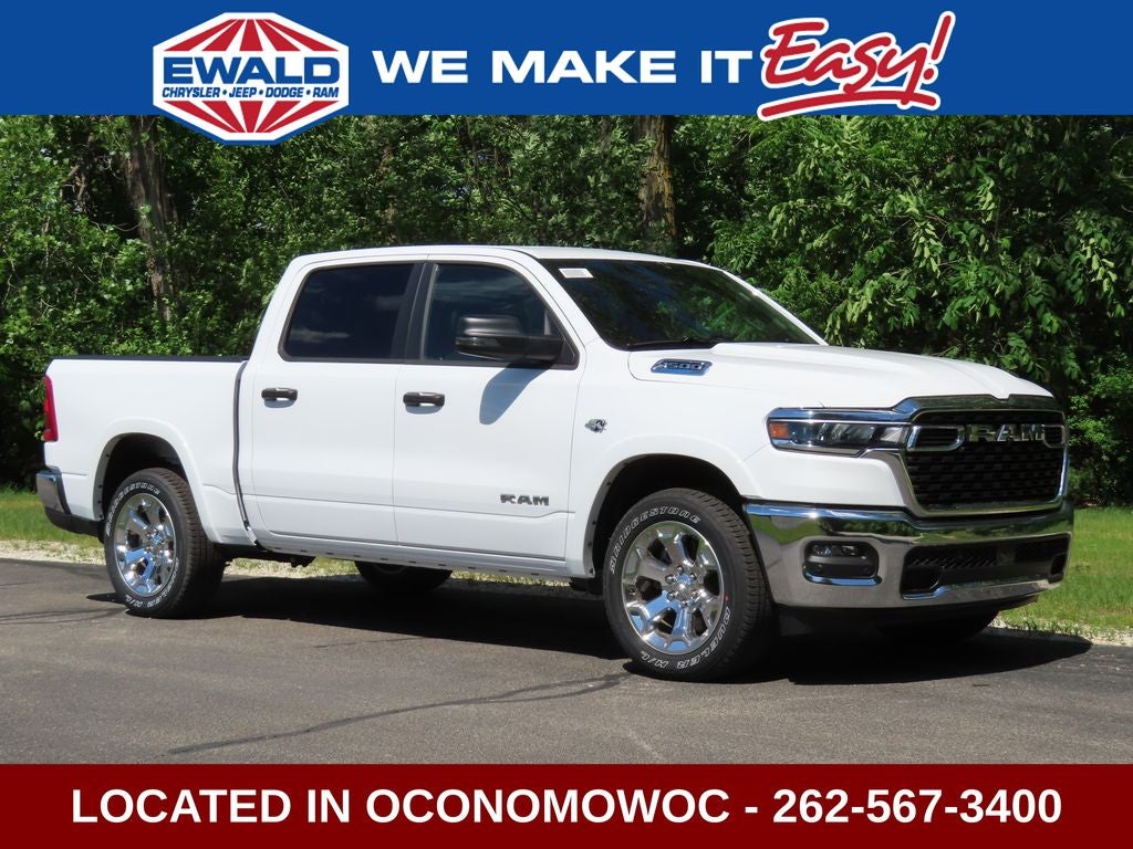 2026 RAM 1500 RAM 1500 BIG HORN CREW CAB 4X4 5'7' BOX in Bright White Clear-Coat Exterior Paint — front three-quarter view