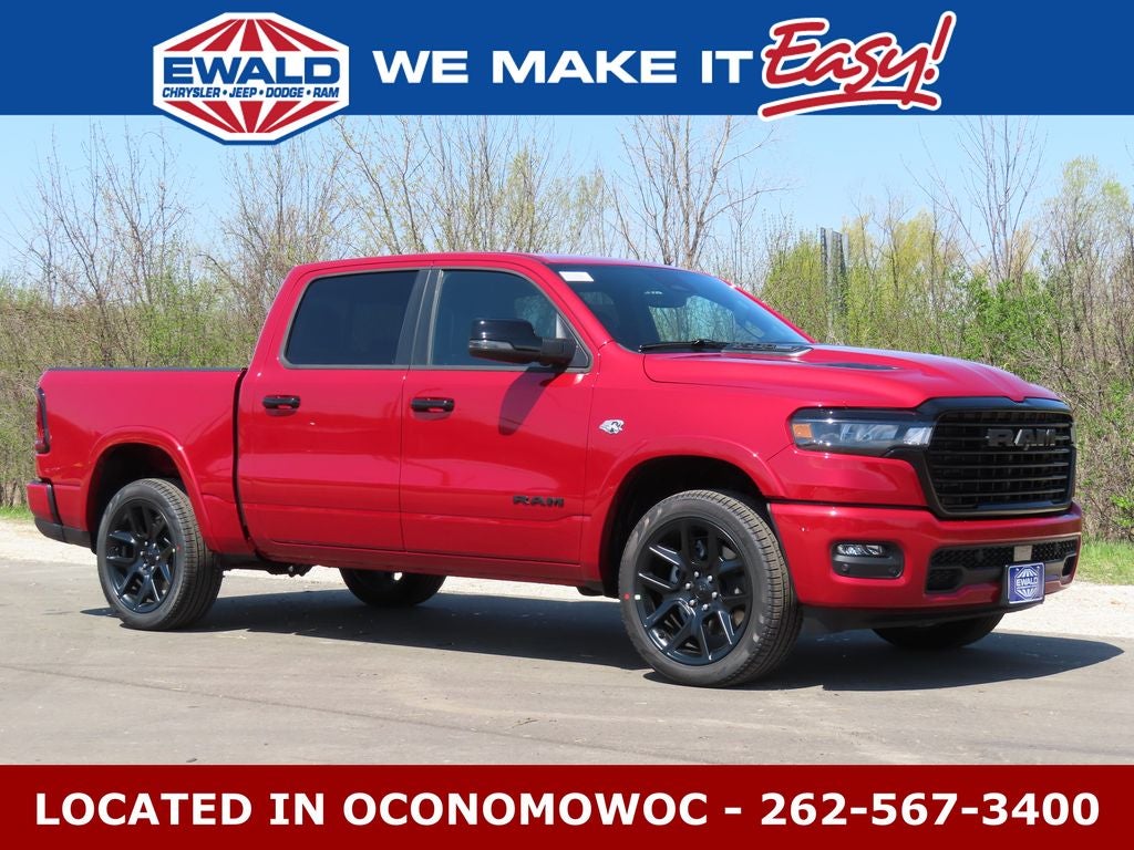 2026 RAM 1500 RAM 1500 LARAMIE CREW CAB 4X4 5'7' BOX in Molten Red Pearl-Coat Exterior Paint — front three-quarter view