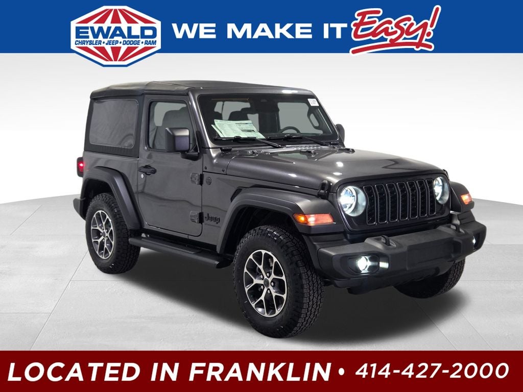 2026 Jeep Wrangler Sport S in Granite Crystal Metallic Clear-Coat Exterior Paint — front three-quarter view
