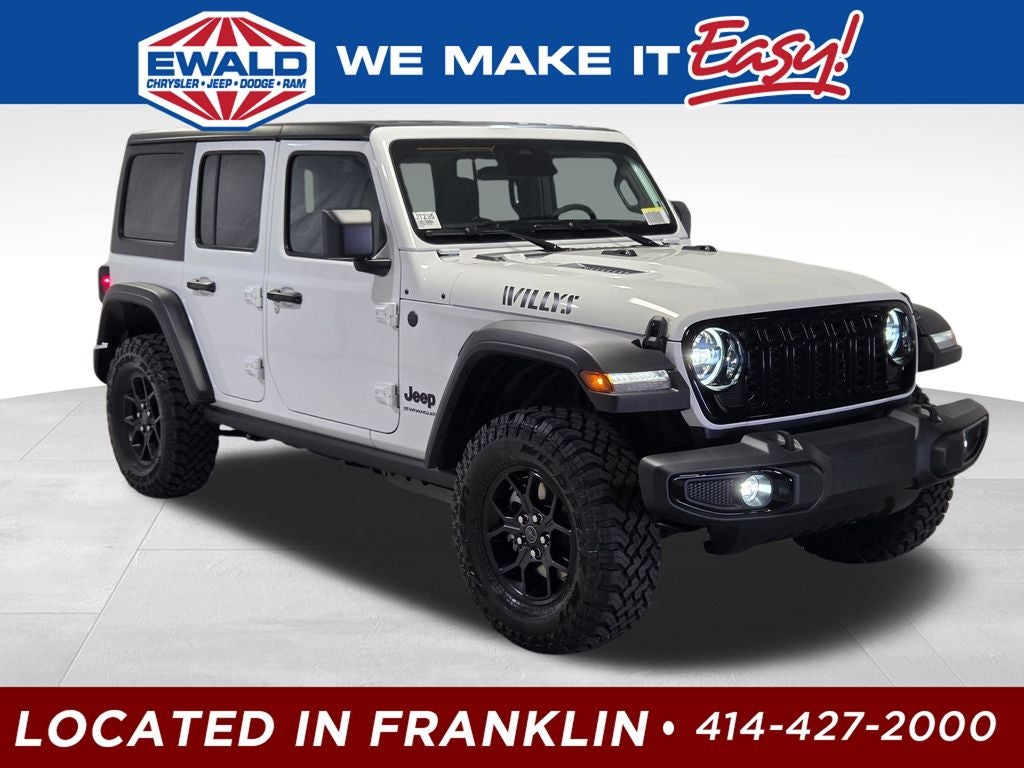 2026 Jeep Wrangler Willys in Bright White Clear-Coat Exterior Paint — front three-quarter view