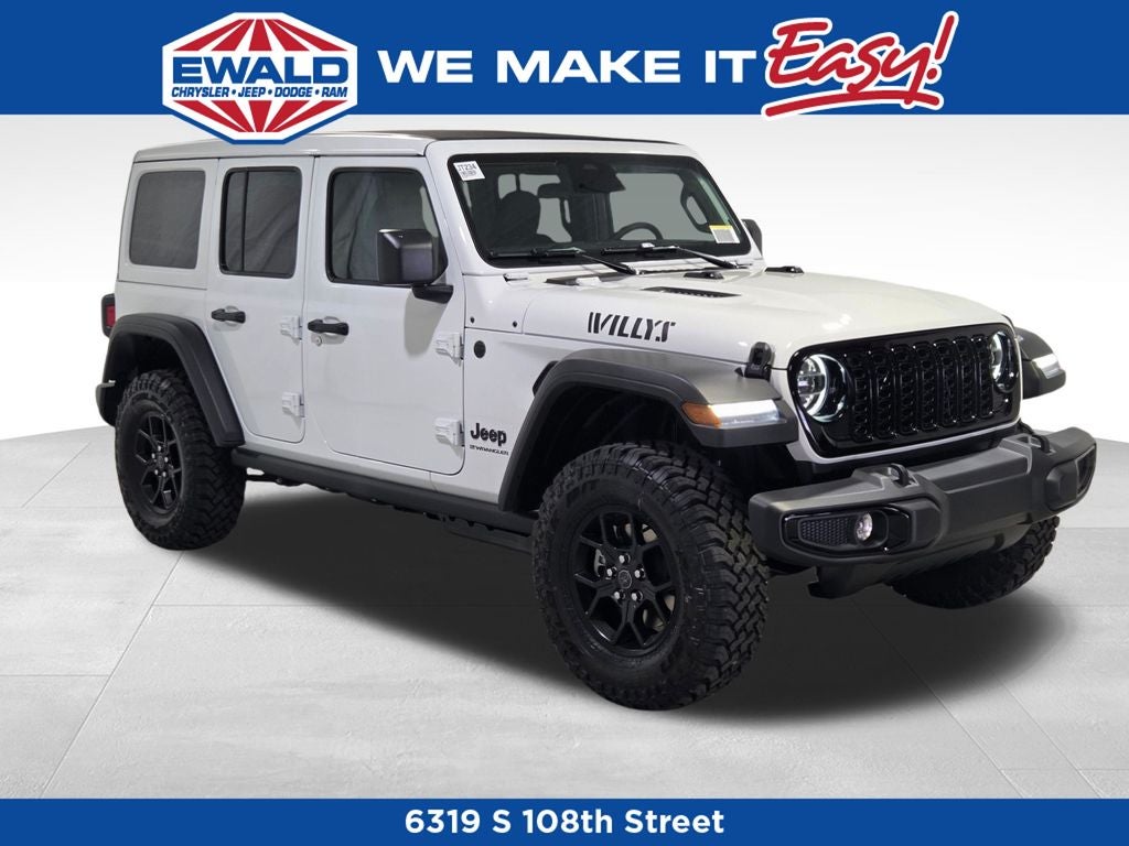 2026 Jeep Wrangler Willys in Bright White Clear-Coat Exterior Paint — front three-quarter view