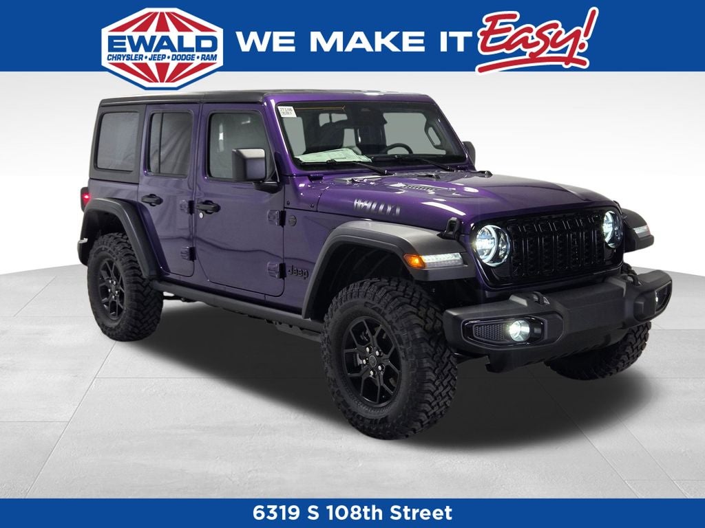 2026 Jeep Wrangler Willys in Reign Exterior Paint — front three-quarter view