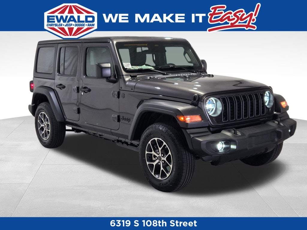 2026 Jeep Wrangler Sport S in Granite Crystal Metallic Clear-Coat Exterior Paint — front three-quarter view