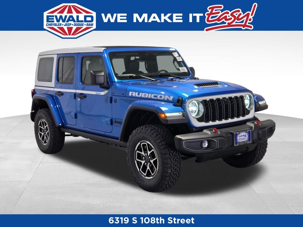 2026 Jeep Wrangler Rubicon in Hydro Blue Pearl-Coat Exterior Paint — front three-quarter view