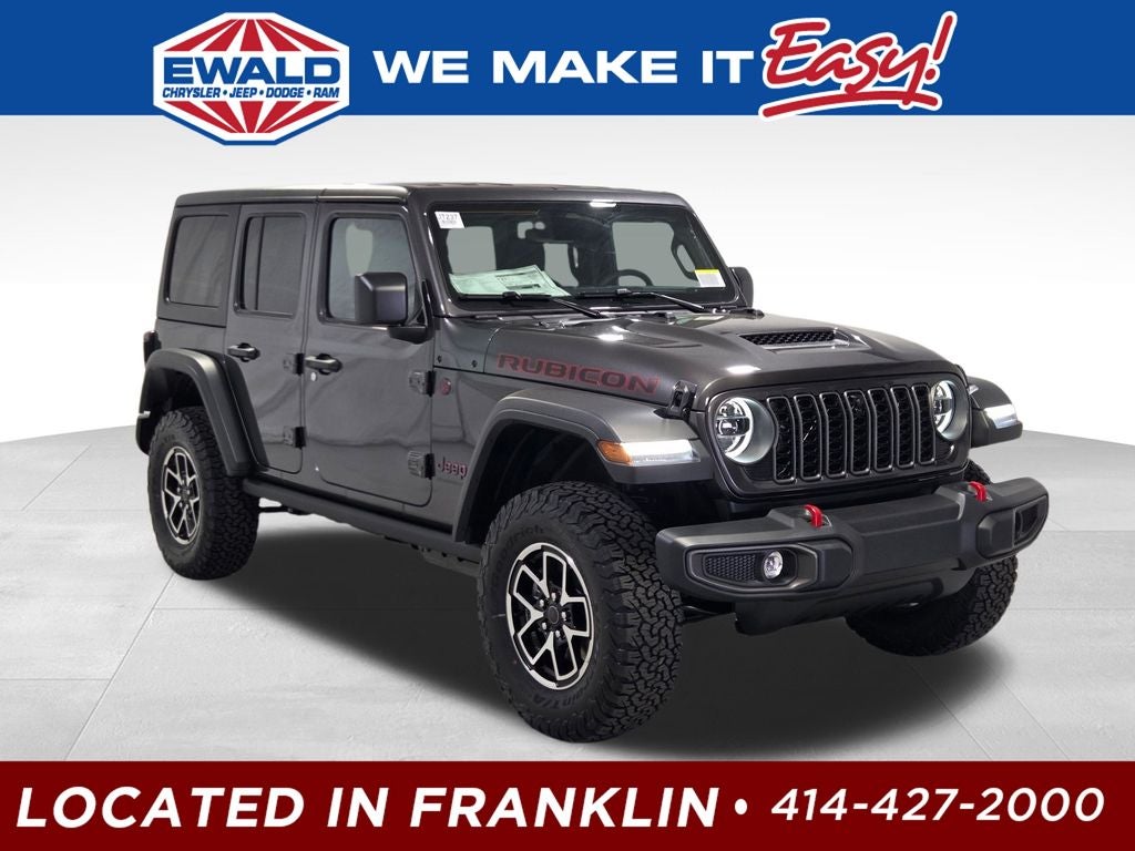 2026 Jeep Wrangler Rubicon in Granite Crystal Metallic Clear-Coat Exterior Paint — front three-quarter view
