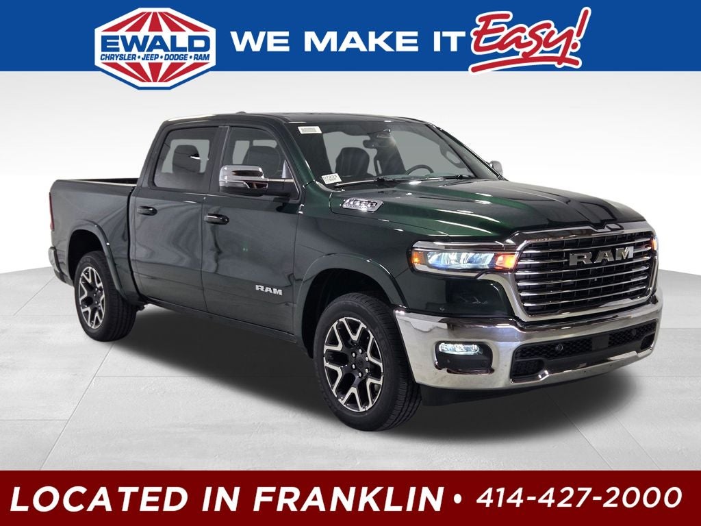 2026 RAM 1500 Laramie in Serrano-Green Metallic Exterior Paint — front three-quarter view