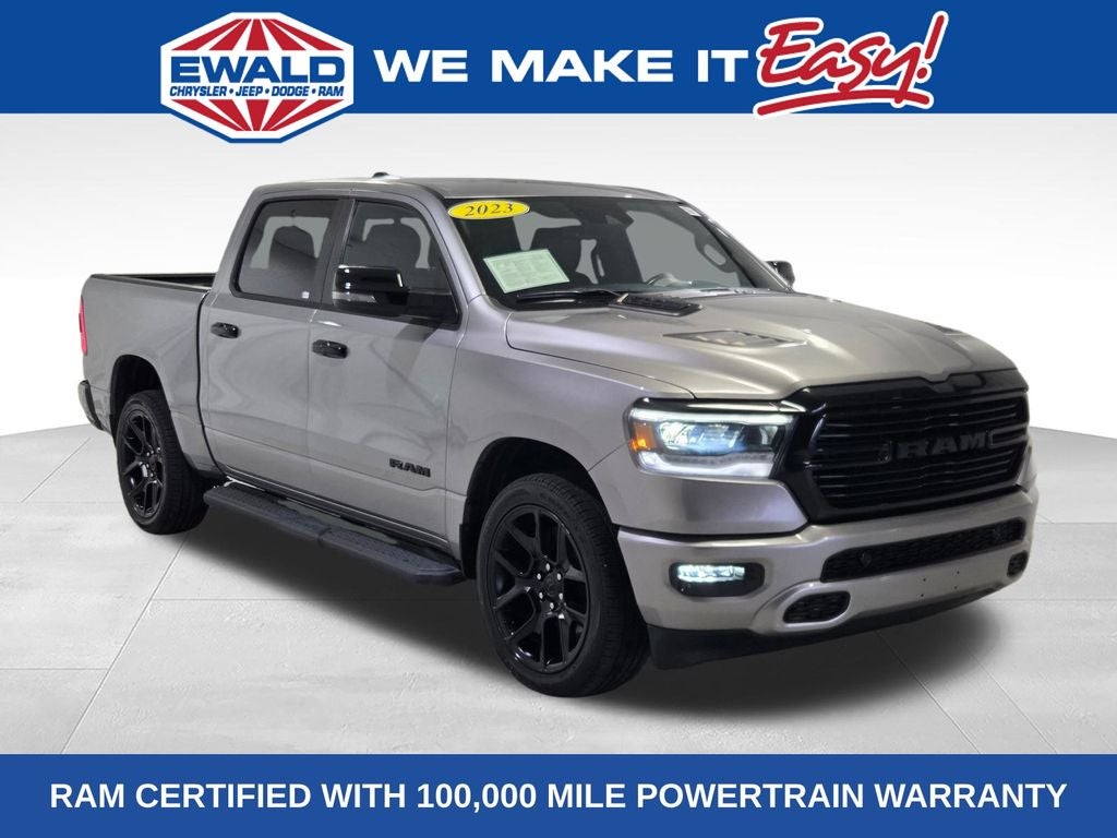 2023 RAM 1500 Laramie in Billet Silver Metallic Clearcoat — front three-quarter view