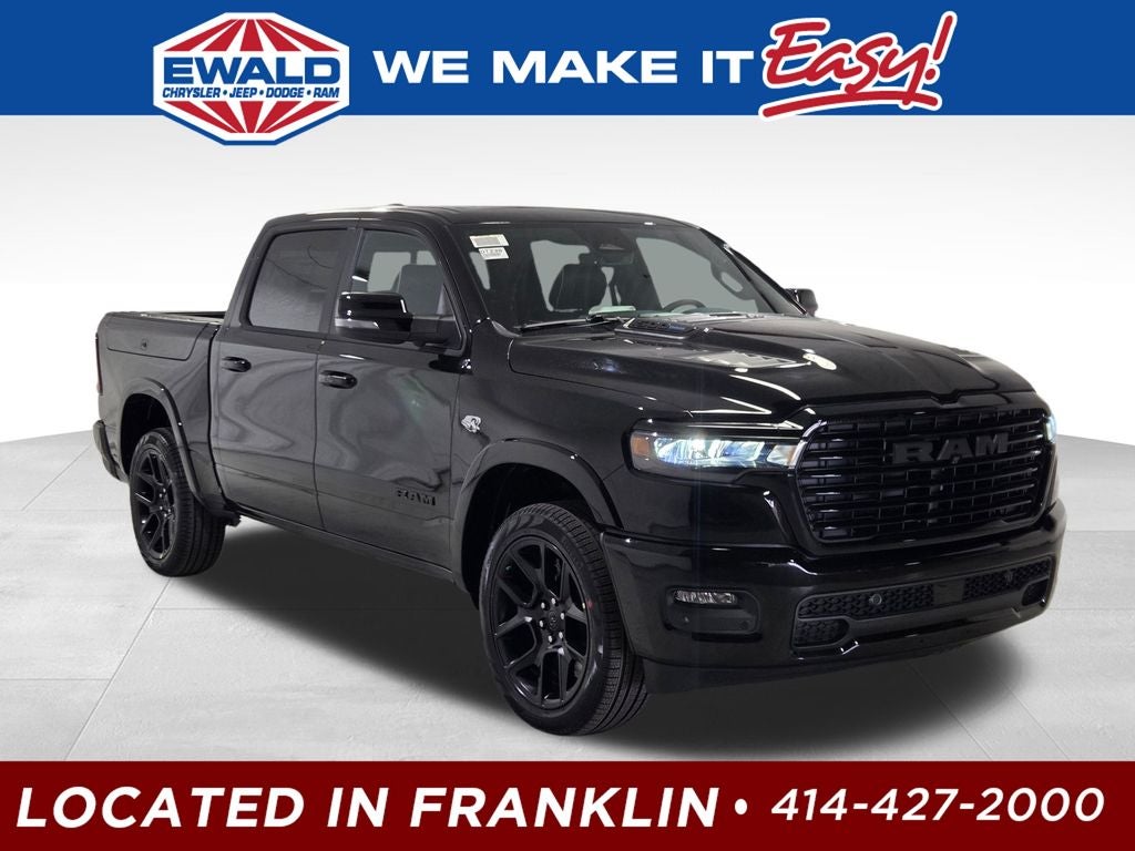 2026 RAM 1500 Laramie in Diamond Black Crystal Pearl-Coat Exterior Paint — front three-quarter view