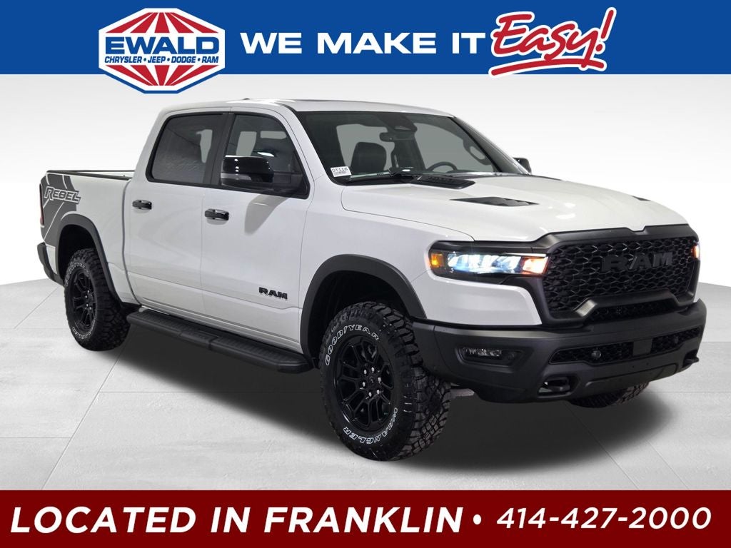 2026 RAM 1500 Rebel in Bright White Clear-Coat Exterior Paint — front three-quarter view