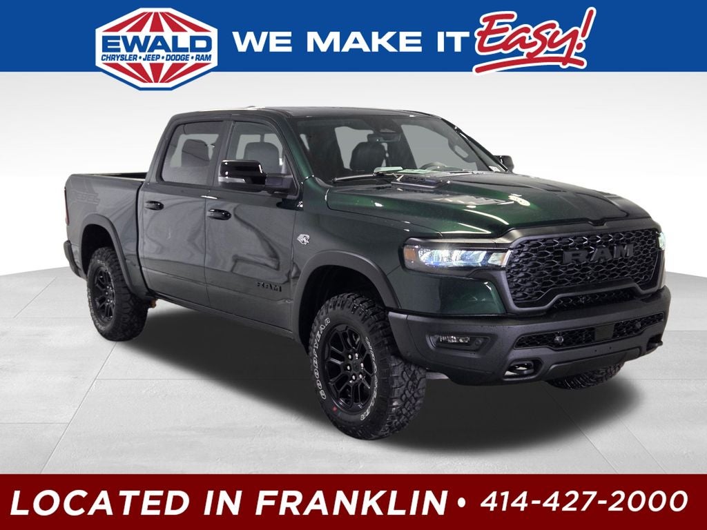 2026 RAM 1500 Rebel in Serrano-Green Metallic Exterior Paint — front three-quarter view
