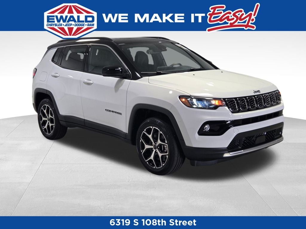 2026 Jeep Compass Limited in Bright White Clear-Coat Exterior Paint — front three-quarter view