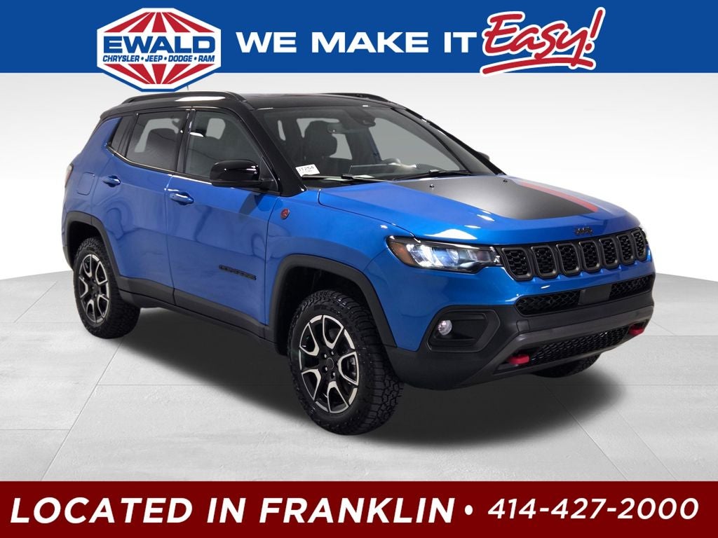2026 Jeep Compass Trailhawk in Hydro Blue Pearl-Coat Exterior Paint — front three-quarter view