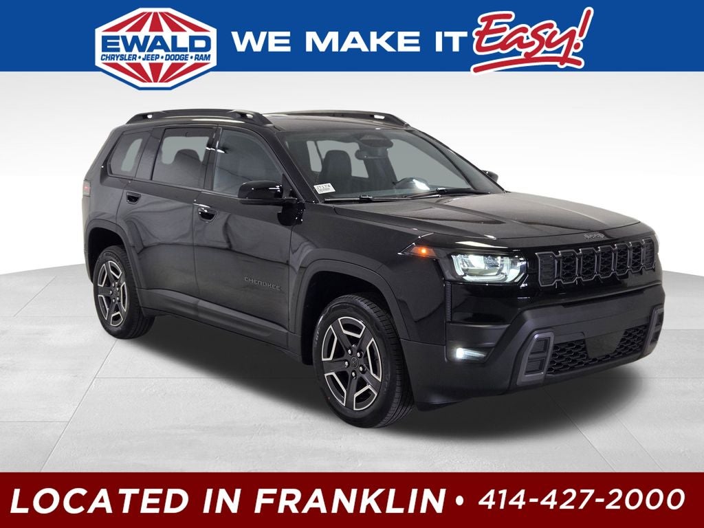 2026 Jeep Cherokee Limited in Diamond Black Crystal Pearl-Coat Exterior Paint — front three-quarter view