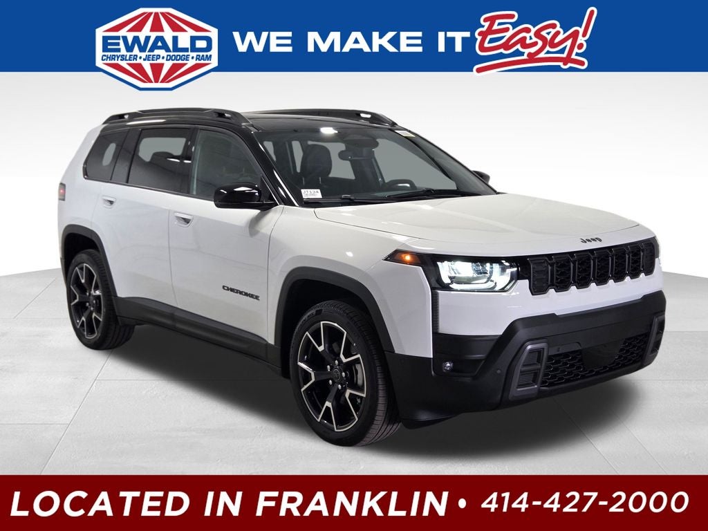 2026 Jeep Cherokee Overland in Bright White Clear-Coat Exterior Paint — front three-quarter view
