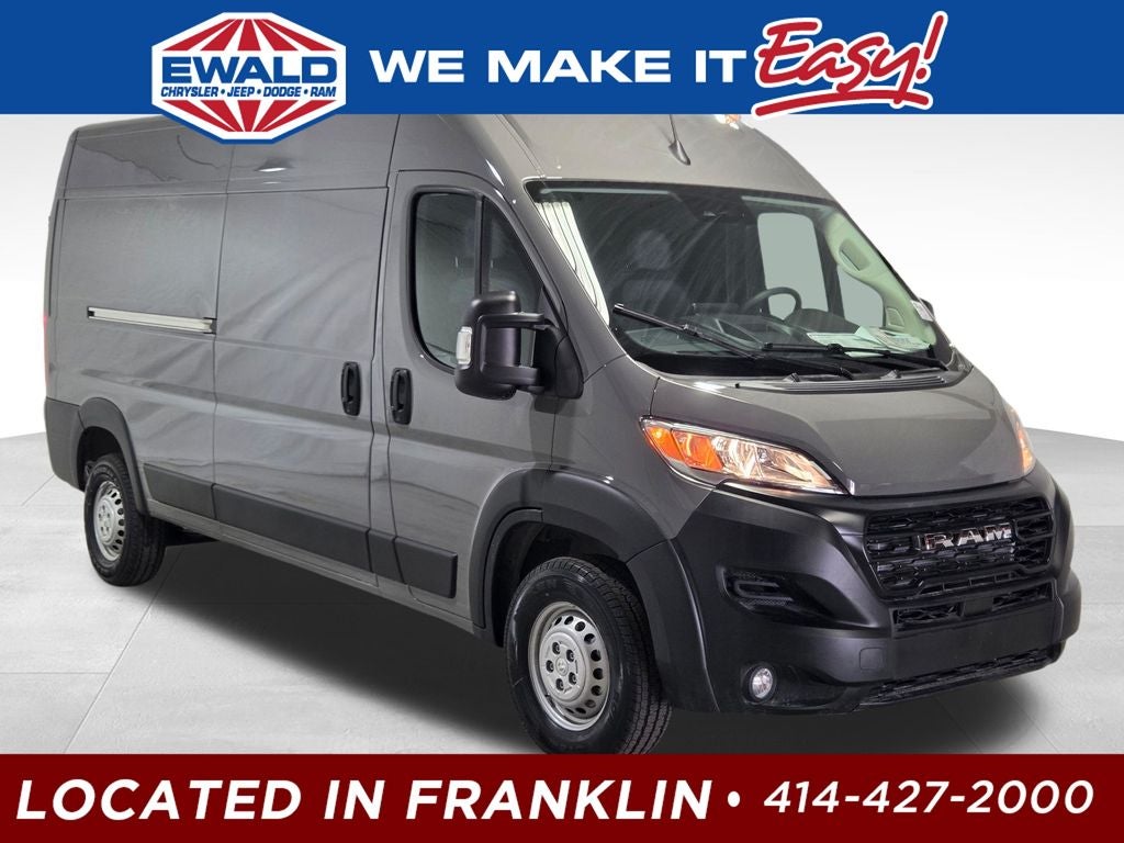 2026 RAM ProMaster 2500 High Roof in Ceramic Gray Clear-Coat Exterior Paint — front three-quarter view