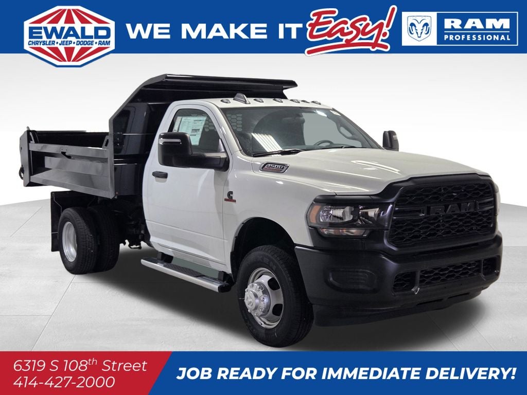 2024 RAM 3500 Tradesman DUMP BODY in Bright White Clear-Coat Exterior Paint — front three-quarter view