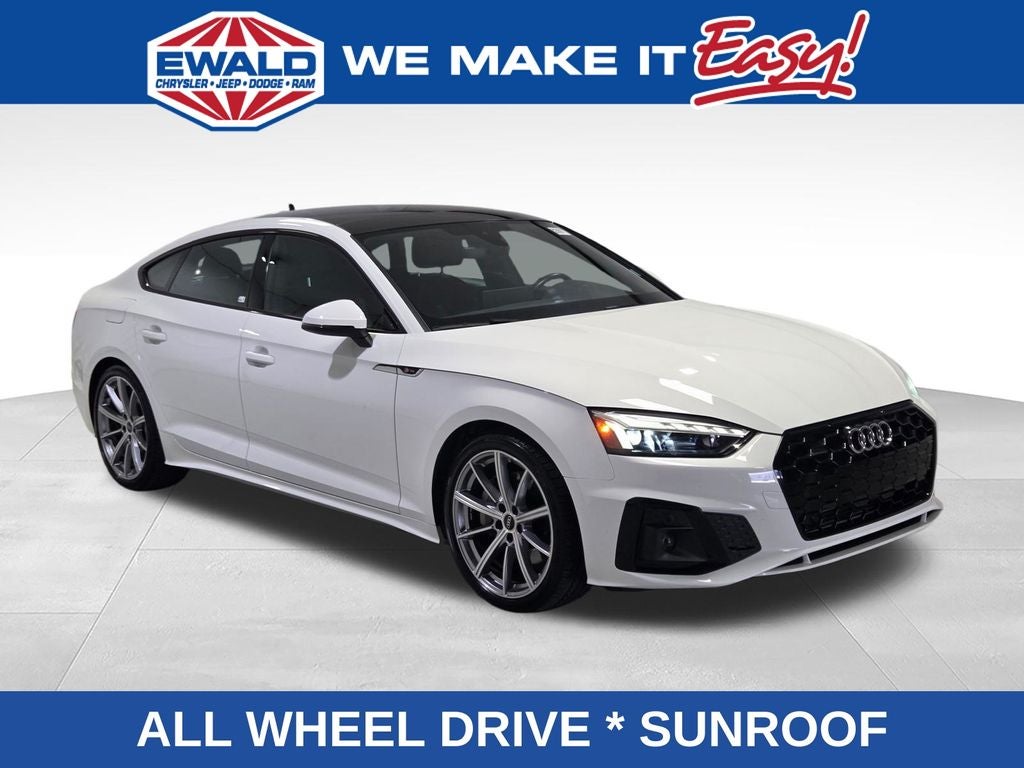 2025 Audi A5 Sportback 45 S line Premium quattro in Arkona White — front three-quarter view