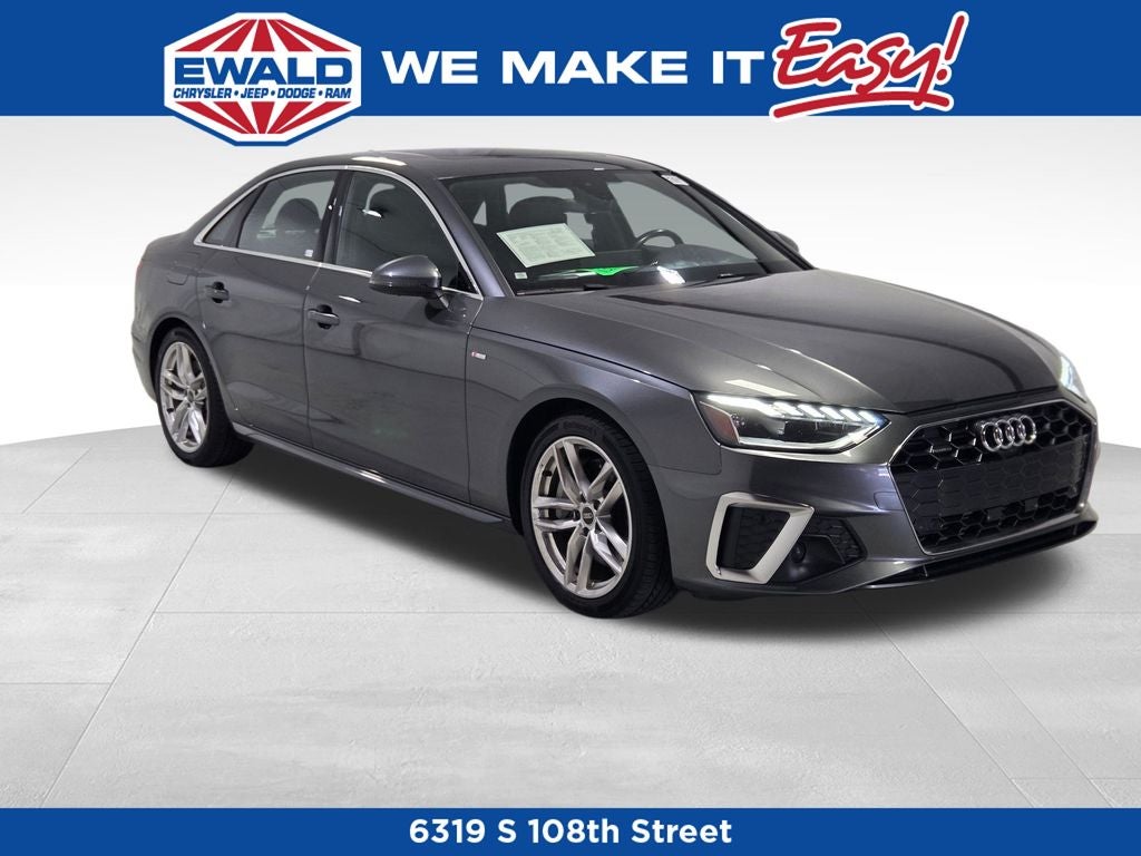 2023 Audi A4 45 S line Premium Plus quattro in Daytona Gray Pearl — front three-quarter view