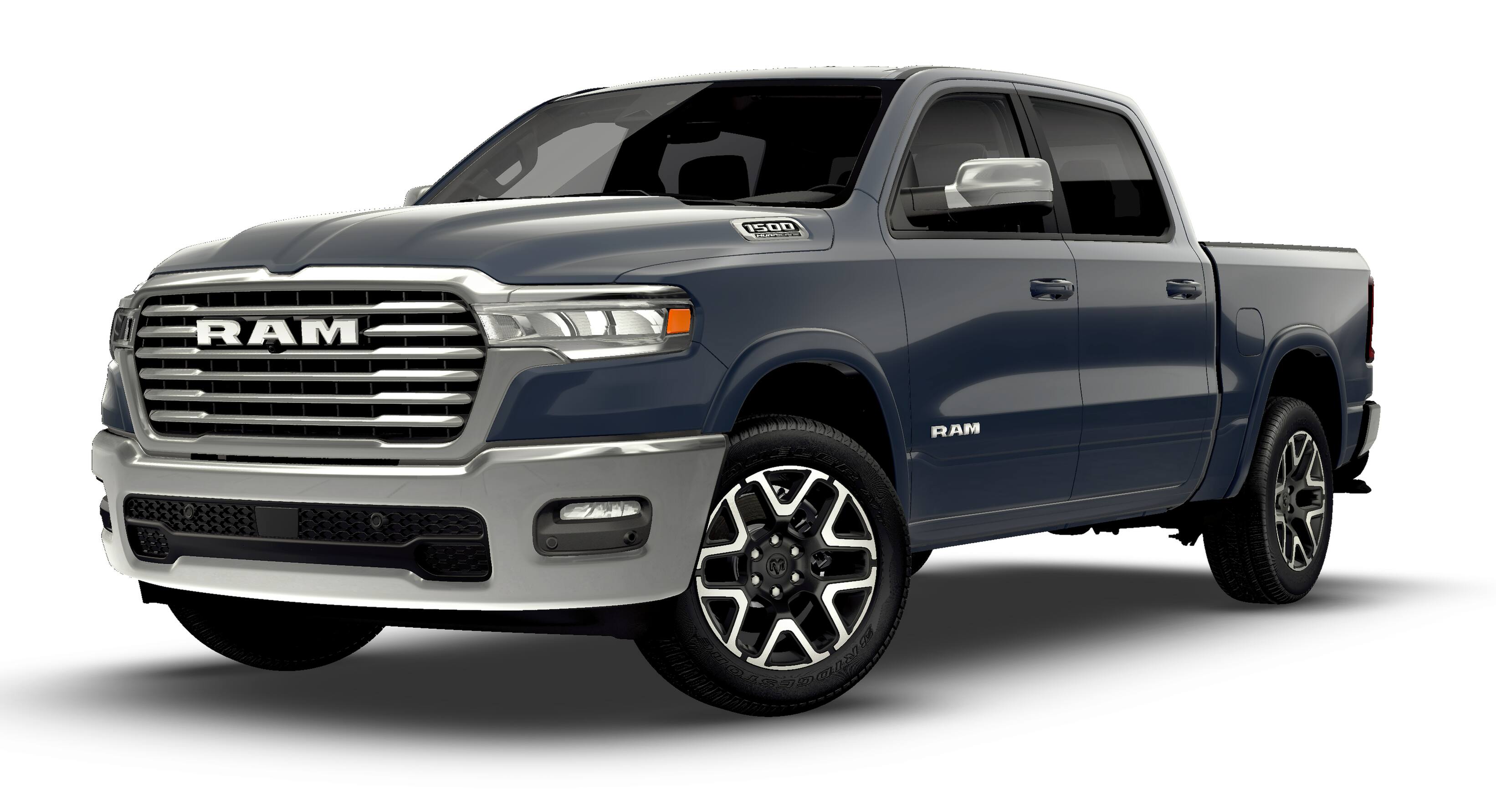 2026 RAM Ram 1500 RAM 1500 LARAMIE CREW CAB 4X4 5'7' BOX in Forged Blue Metallic Exterior Paint — front three-quarter view